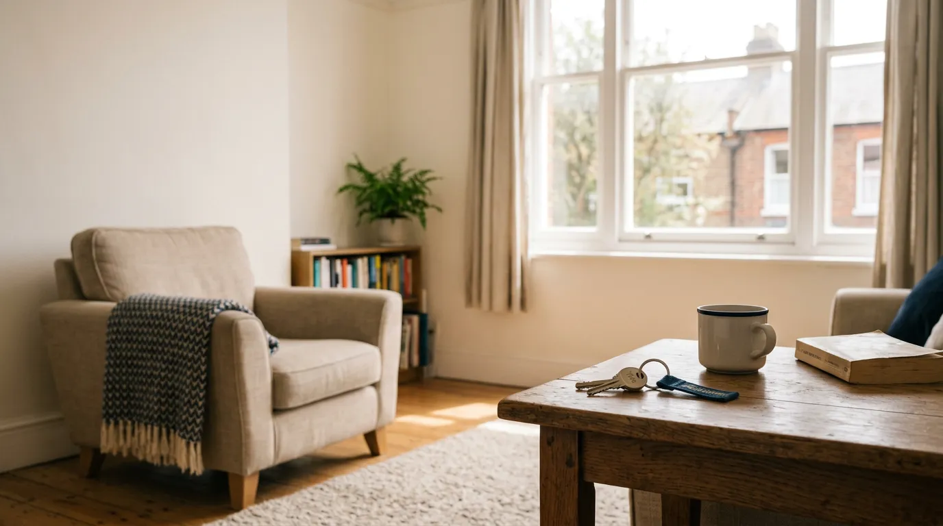 Salon lumineux d'un appartement avec un trousseau de clés posé sur une table