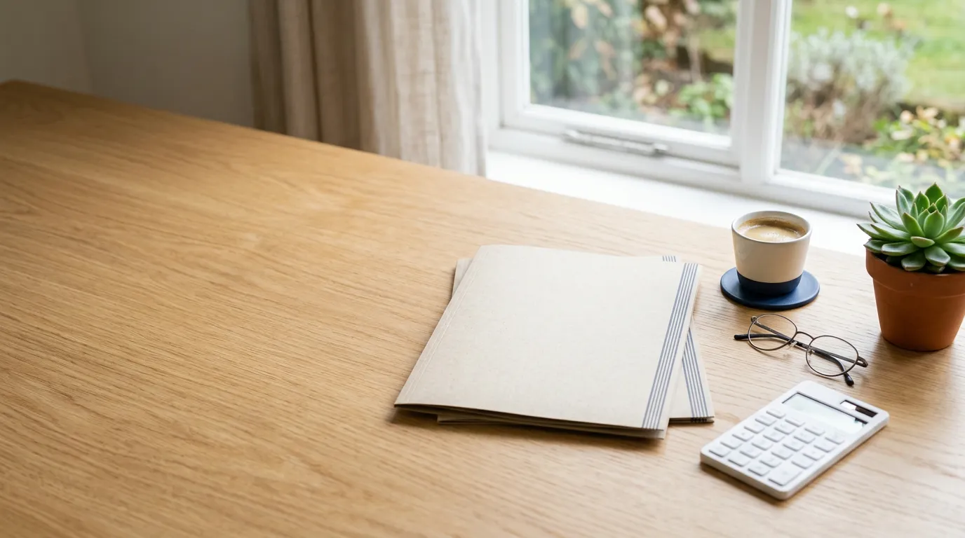 Table en bois clair avec dossier, calculatrice et lunettes, évoquant la gestion d'un fichage bancaire