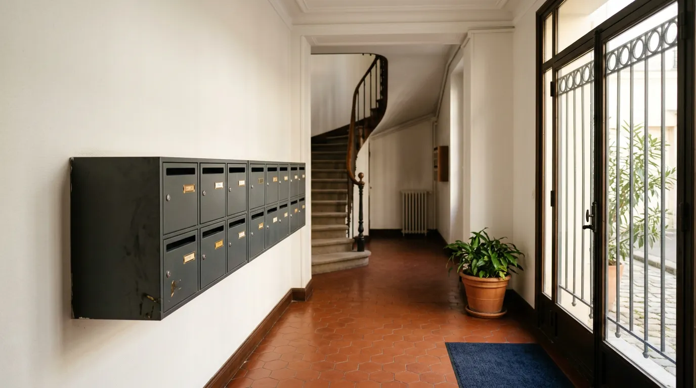 Hall d'entrée d'un immeuble résidentiel avec une rangée de boîtes aux lettres