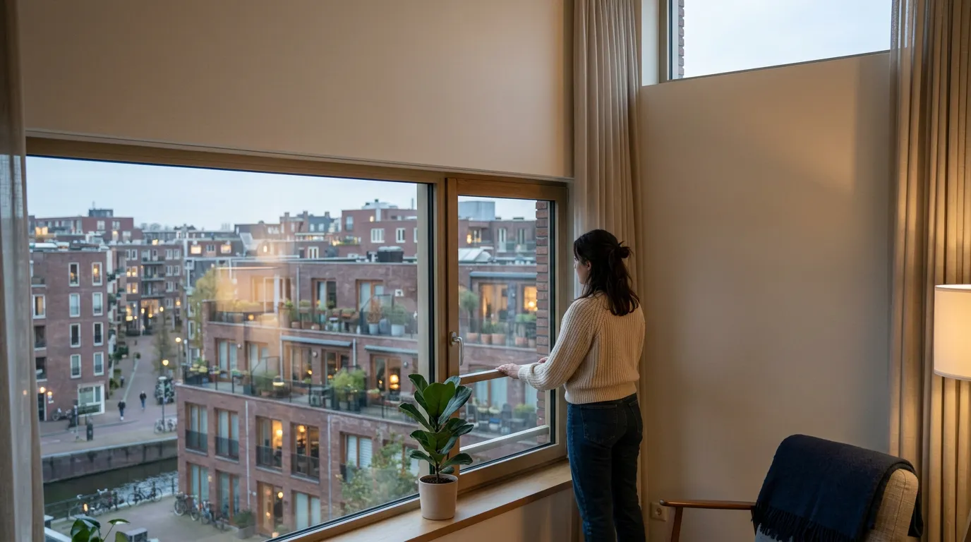 Personne à la fenêtre d'un appartement, immeubles voisins visibles à l'extérieur