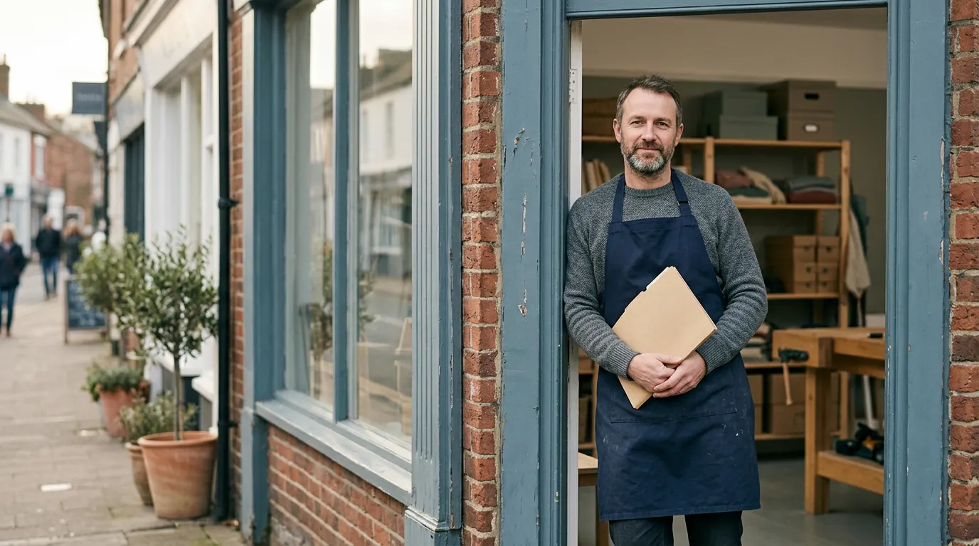 Un dirigeant de petite entreprise, en tablier, se tient devant l'entrée de son commerce, un dossier de documents à la main
