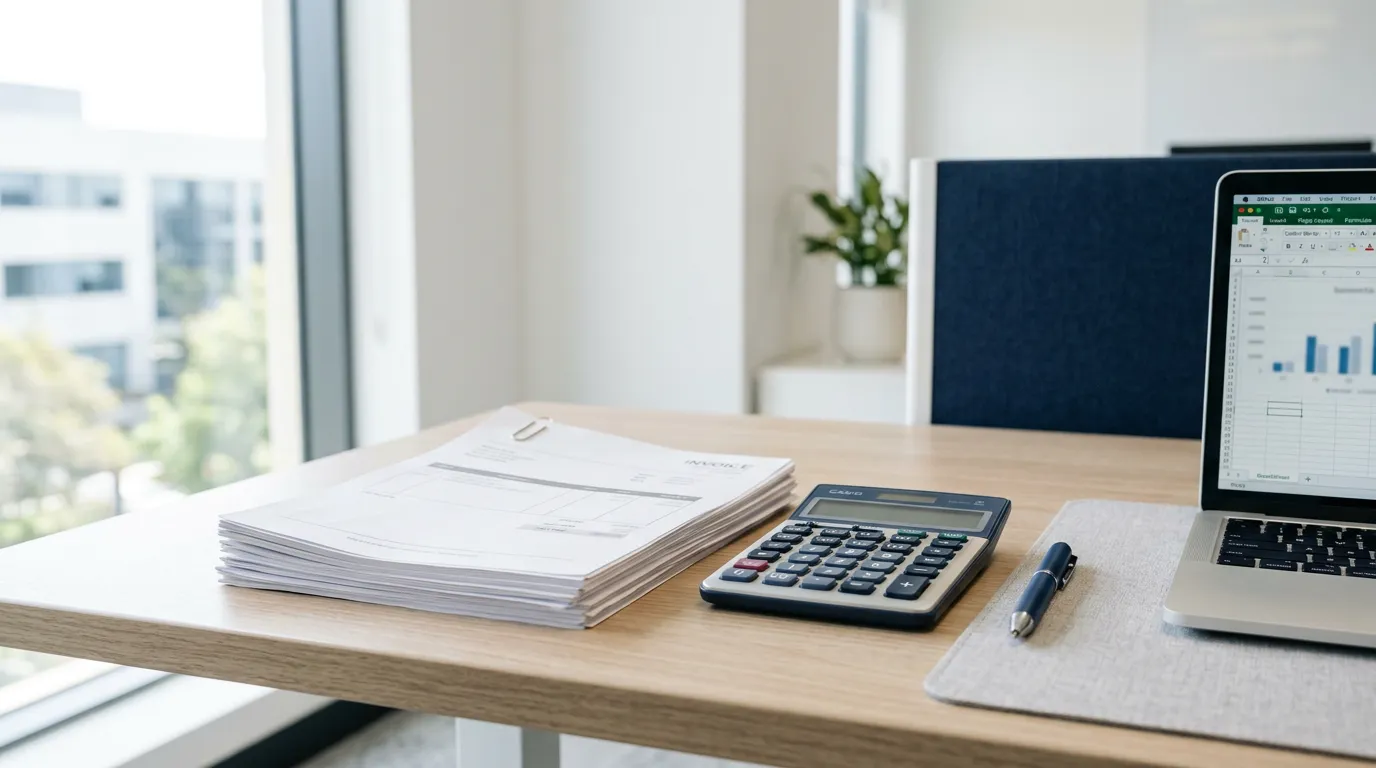 Bureau ordonné avec factures, calculatrice et stylo, ambiance gestion d'entreprise