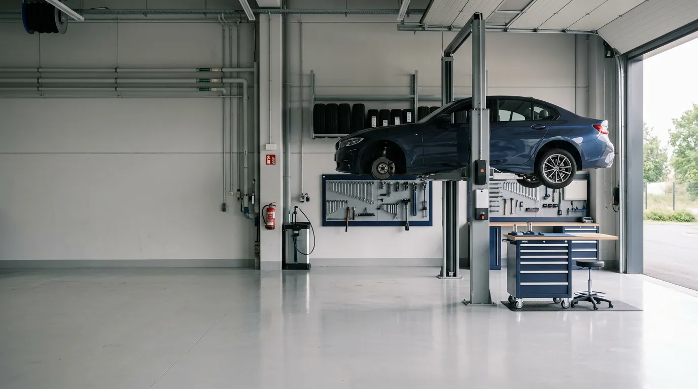 Intérieur propre d'un garage automobile, une voiture sur un pont élévateur et des outils rangés