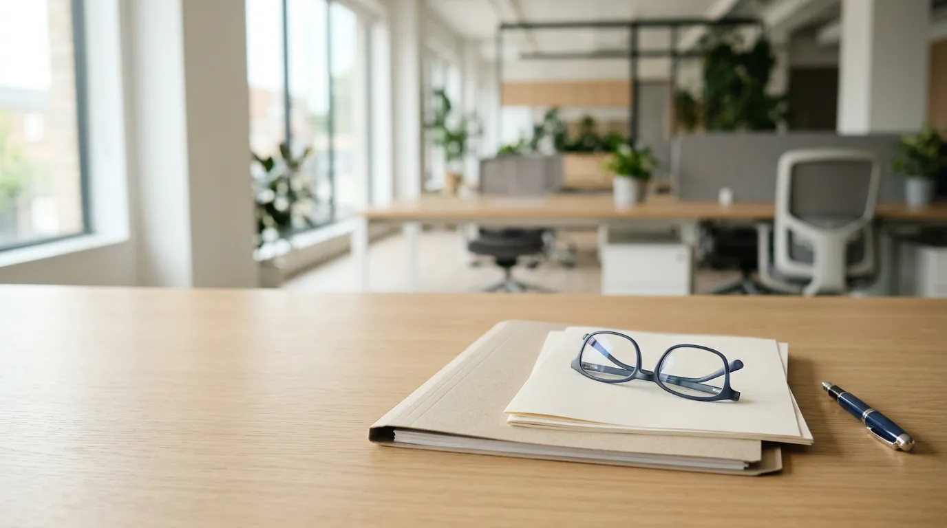 Bureau de gestionnaire RH dans un open-space lumineux : dossier fermé, stylo et lunettes, illustrant une procédure de licenciement économique menée avec méthode