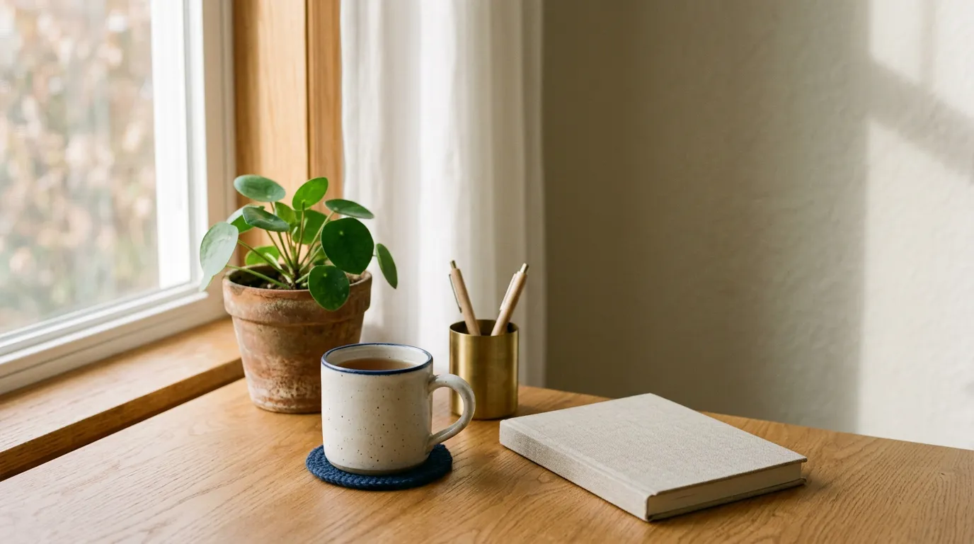 Coin de bureau chaleureux près d'une fenêtre avec une plante et un mug, sans personne