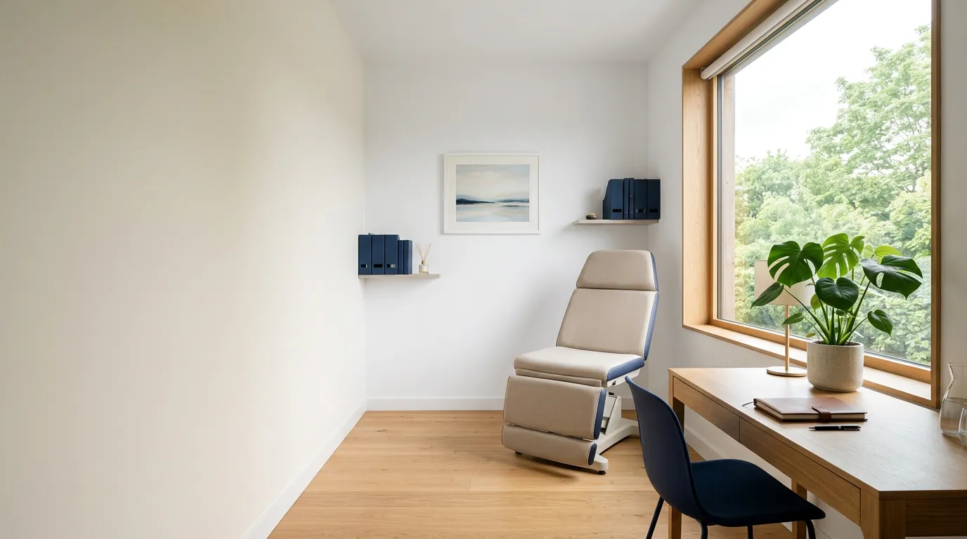 Salle de consultation médicale calme et ordonnée avec un fauteuil d'examen et un bureau près d'une fenêtre