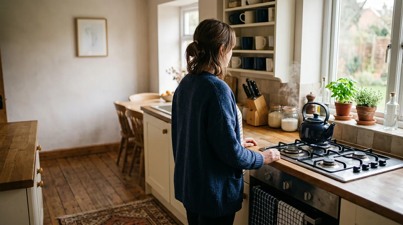 Personne de dos dans une cuisine domestique près d'une plaque de cuisson au gaz, lumière du matin