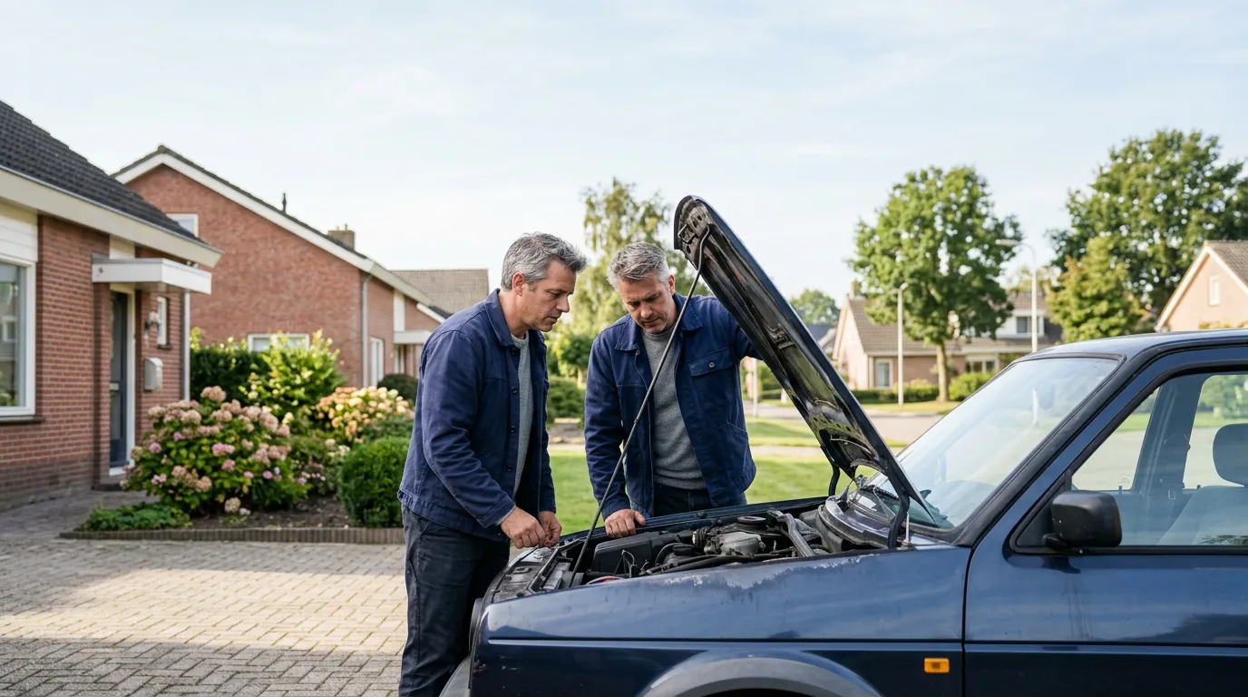 Personne examinant le moteur d'une voiture d'occasion capot ouvert dans une allée