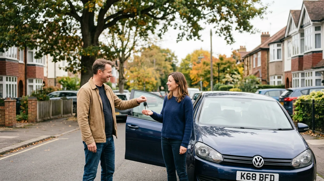 Vente d'une voiture d'occasion entre particuliers dans une rue résidentielle, remise des clés
