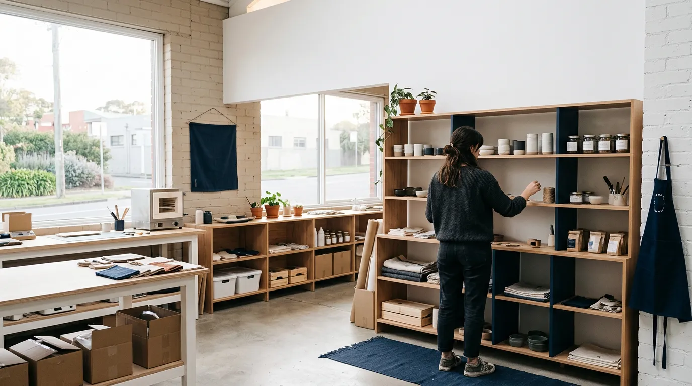 Jeune entrepreneur de dos aménageant son atelier ou sa boutique récemment ouverte, à la lumière du matin