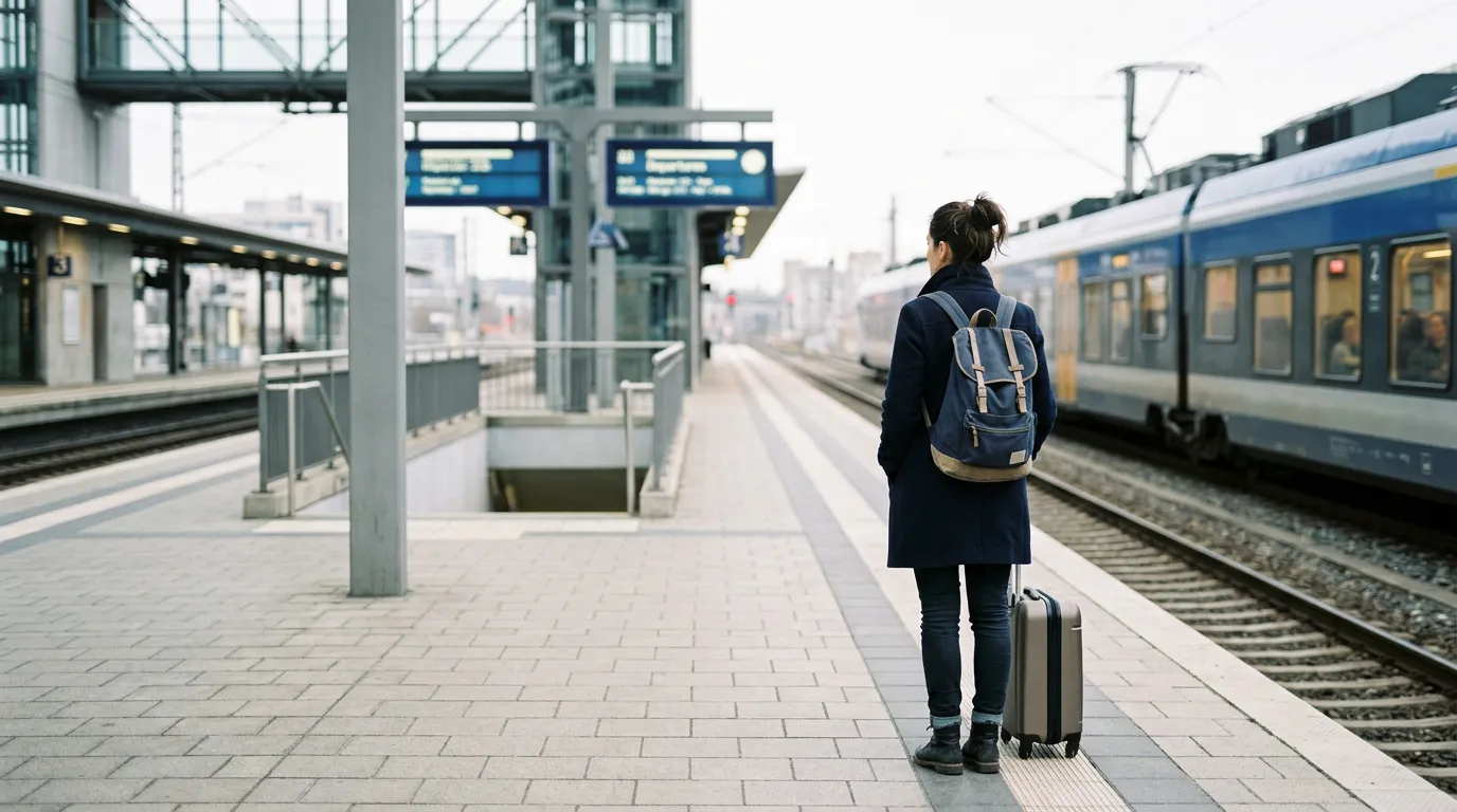 Voyageur de dos sur un quai de gare, train et panneau d'affichage en arrière-plan